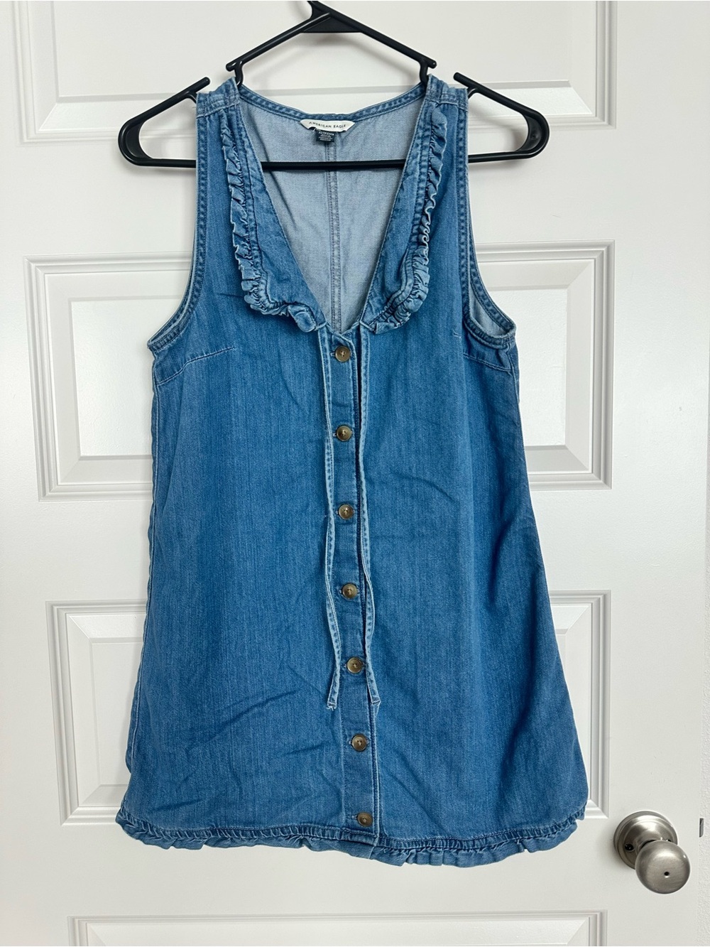 American Eagle Outfitters Blue Denim Ruffle-Trim Button Dress